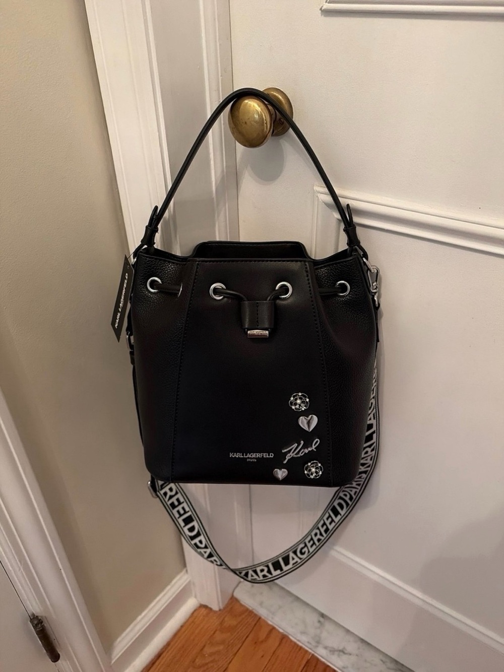 Karl Lagerfeld Black Leather Bucket Bag with Logo Charms - Picture 4 of 9